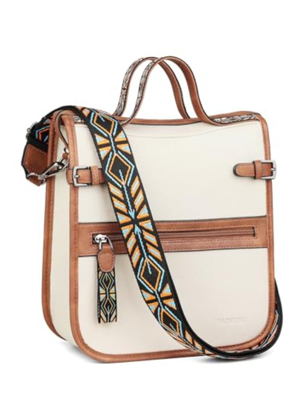 Faux Leather Structured Crossbody Handbag with Jacquard Strap for Women